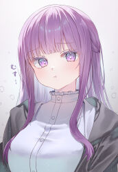 Rule 34 | 1girl, :t, absurdres, blunt bangs, blush, bright pupils, closed mouth, colored eyelashes, commentary, eyelashes, fern (sousou no frieren), grey background, half updo, highres, long hair, looking at viewer, omotikaeri, pout, purple eyes, purple hair, shirt, sidelocks, simple background, solo, sound effects, sousou no frieren, straight hair, upper body, white background, white shirt