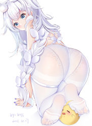 Rule 34 | all fours, animal ear fluff, animal ears, ass, azur lane, blue eyes, braid, butterfly hair ornament, chinese commentary, commentary request, fake animal ears, from behind, hair ornament, highres, lace, lace panties, le malin (azur lane), le malin (listless lapin) (azur lane), long hair, looking at viewer, looking back, low twin braids, manjuu (azur lane), miaogujun, nail polish, no shoes, official alternate costume, panties, panties under pantyhose, pantyhose, purple nails, rabbit ears, sidelocks, silver hair, soles, thigh strap, twin braids, underwear, very long hair, white legwear, wrist cuffs