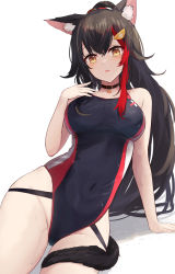Rule 34 | 1girl, animal ear fluff, animal ears, arm support, black choker, black hair, black one-piece swimsuit, breasts, brown eyes, choker, competition swimsuit, covered navel, cowboy shot, hair between eyes, hair ornament, hairclip, hand up, highleg, highleg swimsuit, highres, hololive, large breasts, long hair, looking at viewer, multicolored hair, one-piece swimsuit, ookami mio, parted lips, ponytail, red hair, shuuzo3, solo, streaked hair, swimsuit, very long hair, virtual youtuber, wet, wet clothes, wet swimsuit, wolf ears