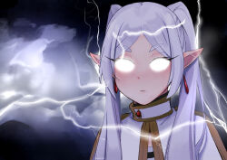 Rule 34 | 1girl, capelet, closed mouth, cloud, earrings, frieren, glowing, glowing eyes, highres, jewelry, lightning, mark1019, meme, solo, sousou no frieren, thick eyebrows, white capelet, you should kill yourself now (meme)