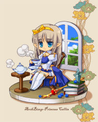 Rule 34 | 1girl, arch bishop (ragnarok online), bad id, bad pixiv id, beige background, blue eyes, book, book stack, boots, bottle, brown hair, chair, chibi, cup, faux figurine, gem, nanakichi, pointy ears, ragnarok online, rod, simple background, sitting, staff, steam, table, teacup, teapot, thigh boots, thighhighs, window
