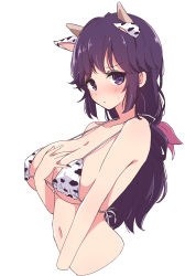 Rule 34 | 1girl, animal ears, animal print, bikini, bikini top only, blush, breasts, closed mouth, commentary request, cow ears, cow horns, cow print, fake animal ears, fake horns, frown, hair ribbon, highres, horns, large breasts, long hair, looking at viewer, machikado mazoku, mel (melty pot), navel, pink ribbon, purple eyes, purple hair, ribbon, simple background, solo, swimsuit, upper body, white background, white bikini, yoshida seiko
