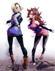 Rule 34 | 1girl, 2girls, android, android 18, android 21, ass, bare shoulders, black-framed eyewear, blonde hair, blue eyes, breasts, brown hair, curly hair, detached sleeves, dragon ball, dragon ball fighterz, dragonball z, dress, earrings, full body, glasses, hoop earrings, jewelry, kon-kit, long hair, looking at viewer, medium breasts, multiple girls, nail polish, pantyhose, red hair, short hair, standing