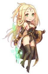 Rule 34 | 1girl, black dress, black footwear, black gloves, blonde hair, boots, breasts, circlet, cleavage, closed mouth, detached sleeves, dress, ear covers, elbow gloves, etrian odyssey, full body, gloves, green eyes, high heel boots, high heels, holding, holding staff, kazabuki poni, leotard, long hair, long sleeves, looking at viewer, medium breasts, pointy ears, sekaiju no meikyuu, sekaiju no meikyuu 5, simple background, smile, solo, staff, very long hair, warlock (sekaiju), white background