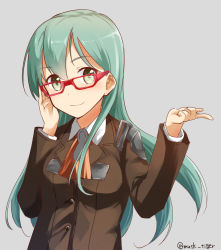 Rule 34 | 10s, 1girl, aqua eyes, ascot, bespectacled, glasses, highres, kantai collection, long hair, long sleeves, looking at viewer, max melon, musk tiger, pointing, red-framed eyewear, school uniform, simple background, solo, suzuya (kancolle), twitter username