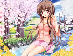 Rule 34 | 1girl, :d, blush, breasts, brown hair, cherry blossoms, cleavage, cloud, collarbone, day, diffraction spikes, falling petals, fish, flower, flower request, flying fish, grass, hair between eyes, twirling hair, hand up, long hair, looking at viewer, medium breasts, open mouth, original, outdoors, petals, pink skirt, rock, sitting, skirt, smile, solo, sparkle, stream, takataka, tree, very long hair, water drop