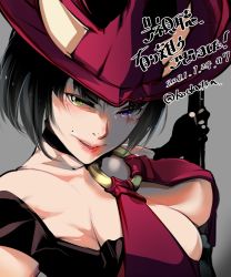 Rule 34 | 1girl, arc system works, black choker, black hair, breasts, choker, cleavage, close-up, collarbone, commentary request, electric guitar, green eyes, guilty gear, guilty gear xrd, guitar, hat, heterochromia, highres, i-no, instrument, koda1ra, large breasts, lips, living clothes, looking to the side, mole, mole above mouth, no bra, o-ring, o-ring top, off shoulder, parted lips, portrait, purple eyes, red hat, short hair, solo, teeth, translation request, upper teeth only, witch hat