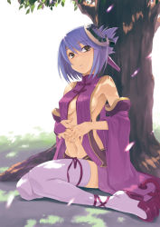 Rule 34 | 1girl, ar tonelico, ar tonelico ii, bare shoulders, blue hair, breasts, brown eyes, cleavage, covered erect nipples, detached sleeves, folded ponytail, hair ornament, highres, inu777, luca truelywaath, navel, parted lips, purple thighhighs, short hair, sitting, solo, thighhighs, wariza