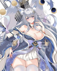 Rule 34 | 1girl, :o, absurdres, animal ear fluff, animal ears, azur lane, blue eyes, blush, breasts, cleavage, commission, cowboy shot, fox ears, fox girl, fox tail, highres, japanese clothes, large breasts, long hair, looking at viewer, miniskirt, moon, multiple tails, open mouth, oursong (kiam pis), shinano (azur lane), skirt, solo, tail, thighhighs, very long hair, watermark, white background, white hair, white skirt, white thighhighs