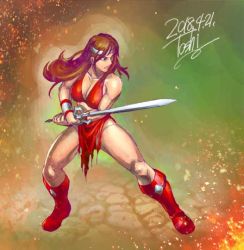 Rule 34 | 1girl, artist name, boots, breasts, brown hair, cleavage, golden axe, golden axe ii, large breasts, long hair, midriff, muscular, muscular female, pelvic curtain, sega, sugippon, sword, thick thighs, thighs, tyris flare, weapon