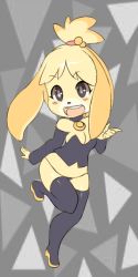 Rule 34 | 1girl, animal crossing, animal ears, bare shoulders, bell, black eyes, black thighhighs, blonde hair, blue eyes, blush, body fur, boots, breasts, cleavage, collar, corset, detached sleeves, dog, dog ears, dog girl, dog tail, furry, furry female, hair bobbles, hair ornament, isabelle (animal crossing), maniacpaint, neck bell, nintendo, no humans, open mouth, running, scrunchie, simple background, smile, solo, standing, tail, thigh boots, thighhighs, thong, topknot, uniform