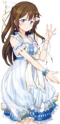 Rule 34 | 1girl, arm ribbon, arm up, armband, blue dress, blue eyes, blue sash, blush, bow, bracelet, breasts, brown hair, closed mouth, collarbone, commentary request, crystal earrings, detached sleeves, dress, earrings, flower, frilled dress, frills, gold trim, gown, hair between eyes, hair bow, hair ornament, highres, itsuki kuro, jewelry, leaf, long hair, looking at viewer, love live!, love live! nijigasaki high school idol club, medium breasts, necklace, osaka shizuku, outstretched arm, pearl necklace, ponytail, purple flower, ribbon, sash, see-through, see-through bow, see-through dress, see-through sleeves, short sleeves, smile, solo, star (symbol), star hair ornament, striped clothes, striped dress, two-tone dress, white armband, white background, white dress