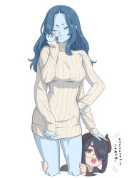 Rule 34 | 2girls, alternate costume, black hair, blue eyes, blue hair, blue skin, breasts, brown eyes, brown horns, closed mouth, colored skin, commentary request, contemporary, elden ring, extra arms, facial tattoo, forehead, hair over one eye, hand on another&#039;s head, highres, horns, indie virtual youtuber, itou life (vtuber), jewelry, kuroi yasu, long hair, long sleeves, looking at viewer, medium breasts, multiple girls, naked sweater, one eye closed, one eye covered, open mouth, ranni the witch, ribbed sweater, ring, short hair, sidelocks, simple background, smile, sweater, tarnished (elden ring), tattoo, teeth, translation request, turtleneck, turtleneck sweater, upper teeth only, virtual youtuber, white background, white sweater