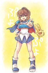 Rule 34 | 1girl, :d, arle nadja, armor, armored dress, asymmetrical footwear, blue footwear, blue skirt, boots, brown hair, capelet, carbuncle (puyopuyo), copyright name, creature, full body, half updo, hand on own hip, madou monogatari, mismatched footwear, open mouth, pointing, puyopuyo, rikuruto, short hair, sketch, skirt, smile, yellow background, yellow eyes