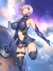 Rule 34 | 1girl, armor, bare shoulders, black thighhighs, breasts, clothing cutout, detached sleeves, fate/grand order, fate/stay night, fate (series), female focus, hair over one eye, highres, large breasts, leotard, looking at viewer, mash kyrielight, melon22, navel, navel cutout, pink eyes, pink hair, shield, short hair, solo, standing, standing on one leg, thigh strap, thighhighs, thighs