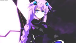 10s 1girl animated animated_gif ass bodysuit braid breasts cleavage elbow_gloves female_focus gloves leotard long_hair lowres matching_hair/eyes neptune_(neptunia) neptune_(series) purple_eyes purple_hair purple_heart_(neptunia) solo sword twin_braids weapon