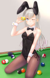 Rule 34 | 1girl, absurdres, animal ears, ball, billiard ball, billiards, black bow, black bowtie, black leotard, blue eyes, bow, bowtie, braid, breasts, brown bow, brown bowtie, ca paria, cleavage, commentary request, detached collar, fake animal ears, fishnet pantyhose, fishnets, full body, grey hair, highres, hisakawa hayate, idolmaster, idolmaster cinderella girls, kneeling, leotard, long hair, looking at viewer, on table, pantyhose, playboy bunny, pool table, rabbit ears, resolution mismatch, small breasts, solo, source larger, strapless, strapless leotard, table, wrist cuffs
