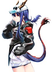 Rule 34 | 1girl, arknights, baseball cap, black jacket, blue hair, breasts, ch&#039;en (arknights), ch&#039;en the holungday (arknights), cleavage, closed mouth, clothing cutout, cowboy shot, dragon girl, dragon horns, dragon tail, earpiece, hand in pocket, hand up, hat, highres, hood, hooded jacket, horns, horns through headwear, jacket, long hair, long sleeves, medium breasts, official alternate costume, profile, profnote, red eyes, sidelocks, simple background, smile, solo, sunglasses, tail, tail through clothes, white background