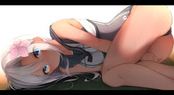 Rule 34 | 10s, 1girl, bad id, bad pixiv id, blonde hair, blue eyes, flower, hair flower, hair ornament, highres, interlocked fingers, kantai collection, letterboxed, long hair, looking at viewer, lying, neckerchief, no pants, on side, rerrere, ro-500 (kancolle), school swimsuit, school uniform, serafuku, solo, swimsuit, swimsuit under clothes, tan, tanline, v arms