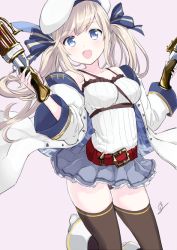 Rule 34 | 10s, 1girl, :d, bare shoulders, belt, beret, between breasts, black panties, black thighhighs, blonde hair, blue eyes, blue skirt, blush, boots, breasts, collarbone, cucouroux (granblue fantasy), detached sleeves, dual wielding, eyebrows, finger on trigger, granblue fantasy, gun, hair ribbon, hat, holding, holding gun, holding weapon, jacket, kneeling, long hair, long sleeves, looking at viewer, medium breasts, miniskirt, mirakururu, open clothes, open jacket, open mouth, panties, pantyshot, pleated skirt, purple background, ribbon, signature, simple background, skirt, smile, solo, strap, strap between breasts, striped ribbon, thighhighs, twintails, underwear, weapon, white footwear, white hat, white jacket, wide sleeves