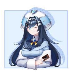Rule 34 | 1girl, blue eyes, blue hair, blue sweater, breasts, card, cropped torso, crossed arms, grey jacket, highres, holding, holding card, hololive, hololive china, jacket, large breasts, looking to the side, off shoulder, one eye closed, rosalyn (hololive), silver hairband, smile, solo, sweater, trading card, upper body, virtual youtuber, z-jun.dd-zhong