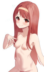 Rule 34 | 1girl, binsen, blush, breasts, brown hairband, closed mouth, collarbone, female pubic hair, flying sweatdrops, groin, hairband, hand up, highres, idolmaster, idolmaster million live!, long hair, looking at viewer, navel, nipples, nude, pubic hair, red eyes, red hair, simple background, sitting, small breasts, smile, solo, tanaka kotoha, very long hair, white background