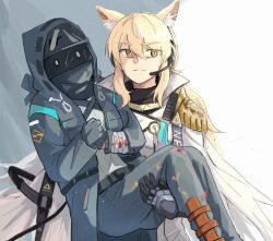 Rule 34 | 1girl, 1other, absurdres, ambiguous gender, animal ear fluff, animal ears, arknights, armor, bandaged arm, bandages, black coat, black gloves, blonde hair, blood, cape, carrying, carrying person, closed mouth, coat, doctor (arknights), gloves, hair between eyes, headset, highres, hood, hood up, hooded coat, horse ears, horse girl, implied extra ears, long hair, long sleeves, nearl (arknights), nearl the radiant knight (arknights), o o, orange eyes, pants, princess carry, seung-aeja, white cape
