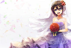 Rule 34 | 1girl, :d, bad id, bad pixiv id, bleach, blue eyes, bouquet, brown hair, collarbone, dress, flower, hair between eyes, holding, holding bouquet, jewelry, kuchiki rukia, layered dress, long dress, looking at viewer, necklace, open mouth, purple dress, red flower, red rose, rose, short hair, sleeveless, sleeveless dress, smile, solo, standing, striped clothes, striped dress, umi (pixiv6861961)