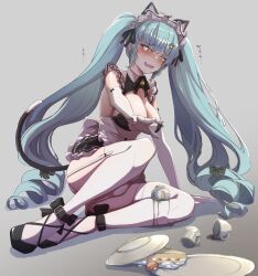 Rule 34 | 1girl, animal ears, apron, black dress, blue hair, breasts, cake, cake slice, cat ears, cat tail, dress, drill hair, dropped food, elbow gloves, fake animal ears, fake tail, fang, food, gloves, goddess of victory: nikke, highres, large breasts, legwear garter, light blue hair, long hair, maid, maid headdress, neck bell, official alternate costume, okota (pixiv), open mouth, panties, pantyshot, paw hair ornament, plate, privaty (nikke), privaty (unkind maid) (nikke), skin fang, solo, spill, sweat, tail, thighhighs, twin drills, twintails, underwear, very long hair, white apron, white gloves, white panties, white thighhighs, yellow eyes