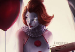 Rule 34 | 1girl, artist name, axsen, balloon, bare shoulders, breasts, clown, collar, frilled collar, frills, genderswap, genderswap (mtf), glowing, glowing eyes, it (stephen king), large breasts, lipstick, makeup, open mouth, pennywise, red hair, red lips, signature, smile, solo, watermark, web address