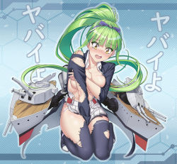 Rule 34 | 1girl, azur lane, blush, bow, breasts, cleavage, collarbone, commentary request, covering privates, covering breasts, danbora, embarrassed, floating hair, green hair, hair bow, highres, large breasts, long hair, long sleeves, machinery, nose blush, open mouth, pleated skirt, ponytail, shropshire (azur lane), skirt, solo, tears, thighhighs, thighs, torn clothes, turret, very long hair, white skirt, yellow eyes