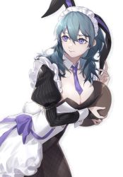 Rule 34 | 1girl, alternate costume, animal ears, apron, black dress, black gloves, black leotard, black pantyhose, blue eyes, blue hair, breasts, bridal gauntlets, byleth (female) (fire emblem), byleth (fire emblem), center opening, cleavage, closed mouth, clovisxvii, commentary, cowboy shot, detached collar, dress, drop shadow, enmaided, fake animal ears, fake tail, fire emblem, fire emblem: three houses, fishnet pantyhose, fishnets, frills, gloves, hair between eyes, highres, holding, holding tray, juliet sleeves, large breasts, leotard, lips, long sleeves, maid, maid apron, maid headdress, medium hair, necktie, nintendo, pantyhose, playboy bunny, polka dot shadow, puffy sleeves, purple necktie, purple ribbon, rabbit ears, rabbit tail, ribbon, short necktie, simple background, solo, striped clothes, striped dress, sweatdrop, tail, tray, vertical-striped clothes, vertical-striped dress, white background, wing collar, wrist cuffs