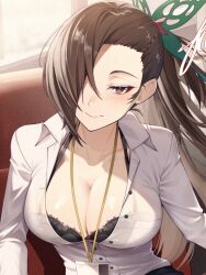 Rule 34 | 1girl, alternate costume, blush, bra, breasts, brown eyes, brown hair, cleavage, cluseller, collared shirt, fire emblem, fire emblem fates, hair over one eye, highres, kagero (fire emblem), large breasts, long hair, long sleeves, looking at viewer, nintendo, office lady, ponytail, shirt, smile, solo, underwear, white shirt