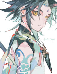 Rule 34 | 1boy, arm tattoo, bead necklace, beads, black hair, closed mouth, facial mark, forehead mark, genshin impact, gotou (pixiv37128), green hair, jewelry, looking at viewer, male focus, multicolored hair, necklace, romaji text, simple background, solo, tassel, tattoo, upper body, white background, xiao (genshin impact), yellow eyes