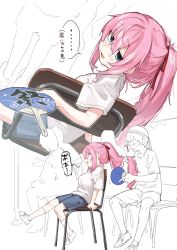 Rule 34 | ..., bandana, chair, character request, commentary, fanning, giving, green eyes, hair between eyes, hair ribbon, hand fan, highres, holding, holding hair, long hair, looking at viewer, looking back, muchi maro, paper fan, pink hair, ponytail, ribbon, seitokai nimo anawa aru!, shirt, shorts, simple background, sitting, spoken ellipsis, ssitting, sweat, symbol-only commentary, t-shirt