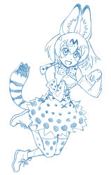 Rule 34 | 10s, 1girl, animal ears, bbb (friskuser), blue theme, boots, bow, bowtie, commentary request, elbow gloves, gloves, greyscale, highres, kemono friends, looking at viewer, monochrome, open mouth, paw pose, serval (kemono friends), serval print, serval tail, shirt, short hair, sleeveless, sleeveless shirt, smile, solo, tail, thighhighs, white background
