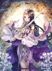 Rule 34 | 1girl, black hair, blue eyes, center opening, copyright name, flower, force of will, heterochromia, leaf, lumia (force of will), multicolored hair, natsuiro xx, official art, red eyes, solo, star (symbol), sword, tiara, two-tone hair, upper body, weapon, white hair