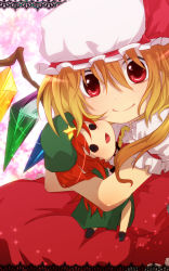 Rule 34 | 1girl, aoi (annbi), bad id, bad pixiv id, blonde hair, bow, braid, character doll, china dress, chinese clothes, doll, dress, female focus, flandre scarlet, frills, gradient hair, grin, hat, hat ribbon, hong meiling, hug, multicolored hair, red eyes, red hair, ribbon, short hair, smile, solid circle eyes, solo, star (symbol), stuffed animal, stuffed toy, touhou, twin braids, wings