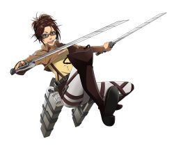 Rule 34 | 1girl, brown hair, glasses, hange zoe, long hair, looking at viewer, official art, shingeki no kyojin, smile, solo, sword, three-dimensional maneuver gear, weapon, white background