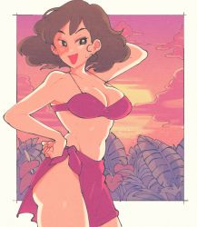 Rule 34 | 1girl, arm behind head, bikini, breasts, brown hair, cleavage, crayon shin-chan, earrings, hand on own hip, highres, inkerton-kun, jewelry, large breasts, leaf, model pose, navel, nohara misae, ocean, outside border, pink bikini, pink sky, retro artstyle, sarong, sky, smile, solo, source request, sunset, swimsuit