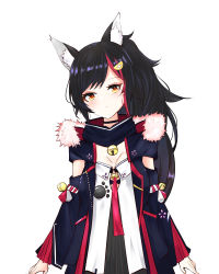 Rule 34 | 1girl, animal ear fluff, animal ears, black choker, black dress, black hair, black jacket, black sleeves, breasts, choker, cleavage, commentary request, detached collar, detached sleeves, dreamoon, dress, fur-trimmed jacket, fur trim, hair ornament, hairclip, highres, hololive, jacket, long hair, looking at viewer, multicolored hair, neck bell, ookami mio, open clothes, open jacket, red hair, shirakami fubuki, shirakami fubuki (fubukitek), shirt, sidelocks, simple background, solo, swept bangs, two-tone hair, virtual youtuber, white background, white shirt, wolf ears, wolf girl, yellow eyes