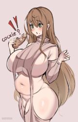 Rule 34 | !, 1girl, ?, artist name, belly, blush, breasts, brown hair, commentary, cookie, cowboy shot, detached sleeves, english text, food, food on face, green eyes, hands up, highres, holding, holding food, huge breasts, icing, long hair, meme attire, nail polish, navel, noiretox, original, phallic symbol, pink background, plump, red nails, revealing clothes, sexually suggestive, sidelocks, sleeveless, sleeveless sweater, solo, standing, sweater, symbol-only commentary, thick thighs, thighs, virgin destroyer sweater