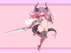 Rule 34 | 1girl, :d, absurdres, armor, bikini, bikini armor, blue eyes, boots, cape, commentary, detached sleeves, dragon girl, dragon horns, dragon tail, elbow gloves, elizabeth bathory (brave) (fate), elizabeth bathory (fate), fang, fate/grand order, fate (series), gauntlets, gem, gloves, hair ornament, hairband, highres, holding, holding shield, holding sword, holding weapon, horns, knee boots, latenight, long hair, looking at viewer, navel, open mouth, pauldrons, pink background, pink hair, red footwear, shield, shoulder armor, smile, solo, sparkle, standing, standing on one leg, swimsuit, sword, tail, thighhighs, thighhighs under boots, weapon, white cape