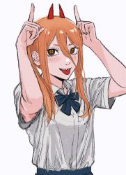 Rule 34 | 1girl, alternate hairstyle, arms up, blue bow, blush, bow, chainsaw man, collared shirt, finger gun, hair between eyes, highres, horns, looking at viewer, medium hair, orange hair, power (chainsaw man), raberu ruru, red eyes, red horns, sharp teeth, shirt, shirt tucked in, simple background, smile, solo, teeth, tongue, tongue out, twintails, white background, white shirt