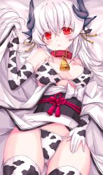 1girl, :d, animal ears, animal print, bangs, bed sheet, bell, bikini, black bikini, blush, breasts, breasts apart, collar, cow ears, cow girl, cow print, cow print bikini, cowbell, earrings, elbow gloves, fate/grand order, fate (series), flower knot, gloves, gluteal fold, grey hair, hand up, highres, horns, japanese clothes, jewelry, kimono, kiyohime (fate), long hair, looking at viewer, lying, medium breasts, morizono shiki, obi, on back, open mouth, pale skin, red collar, red eyes, sash, shiny, shiny hair, skindentation, smile, solo, swimsuit, thighhighs, thighs, white bikini, white hair, white horns, white kimono
