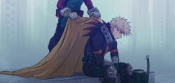 Rule 34 | 2boys, black bodysuit, blonde hair, bodysuit, boku no hero academia, cape, unworn cape, closed mouth, commentary, daniartonline, english commentary, gloves, highres, holding, holding cape, holding clothes, knee pads, looking down, male focus, midoriya izuku, multiple boys, rain, short hair, sitting, spiked hair, standing, wet, wet hair, white gloves, yellow cape