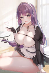 Rule 34 | 1girl, absurdres, aeri (closers), apron, blush, breasts, cleavage, closers, collarbone, heart, highres, indoors, large breasts, long hair, long sleeves, looking at viewer, maid headdress, open mouth, purple hair, sitting, smile, solo, thighs, usagi poi, white apron