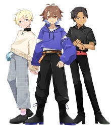 Rule 34 | 3boys, absurdres, arm at side, arms behind back, belt, black eyes, black footwear, black hair, black pants, black shirt, blonde hair, blue eyes, blue hoodie, brown eyes, brown hair, commentary, contrapposto, dark skin, drawstring, full body, grey pants, high heels, highres, holding own arm, hood, hoodie, jewelry, kyo (vocaloid), looking at viewer, male focus, multiple boys, necklace, own hands together, pants, plaid, plaid pants, sakuma pita, shirt, short sleeves, smile, smirk, standing, sweater, v-shaped eyebrows, vocaloid, wil (vocaloid), yuu (vocaloid), zipper, zipper pull tab, zipper sleeves, zola project