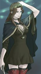 Rule 34 | 1girl, arm up, black dress, black robe, black thighhighs, boots, breasts, brown eyes, brown hair, cleavage, cowboy shot, dress, grey background, holding, holding weapon, long hair, medium breasts, red footwear, robe, sherri phoraena, simple background, solo, standing, tactics ogre, thigh boots, thighhighs, weapon, wide sleeves, windcaller