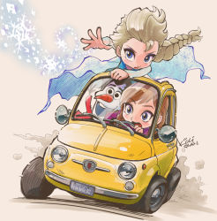 Rule 34 | 1boy, 2girls, anna (frozen), beige background, blonde hair, blue eyes, braid, braided ponytail, brown hair, car, chibi, commentary request, creature, driving, elsa (frozen), fiat, fiat 500, frozen (disney), kiichi, license plate, long hair, lupin iii, magic, motor vehicle, multiple girls, olaf (frozen), open mouth, outstretched arm, parody, siblings, simple background, single braid, sisters, snowflakes, snowman, vehicle focus, yellow car
